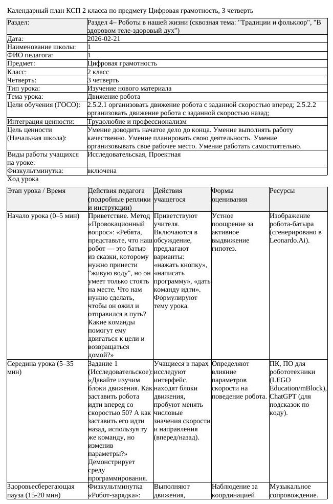 КСП Цифровая грамотность 2 класс 3 четверть Движение робота (урок 2)