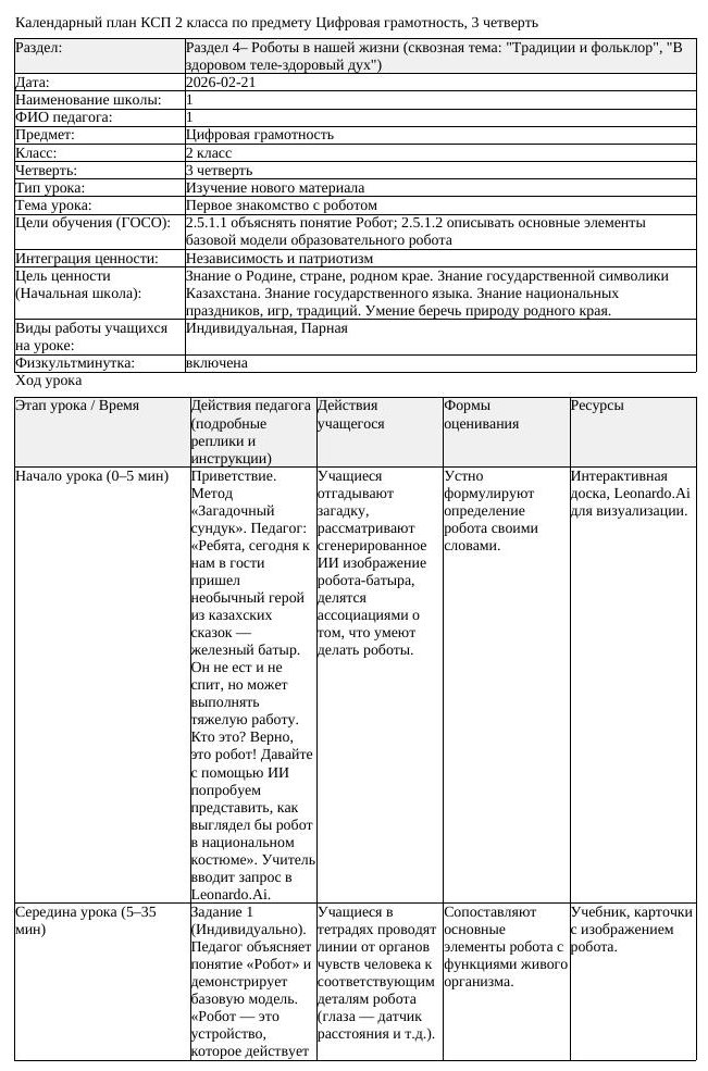 КСП Цифровая грамотность 2 класс 3 четверть Первое знакомство с роботом