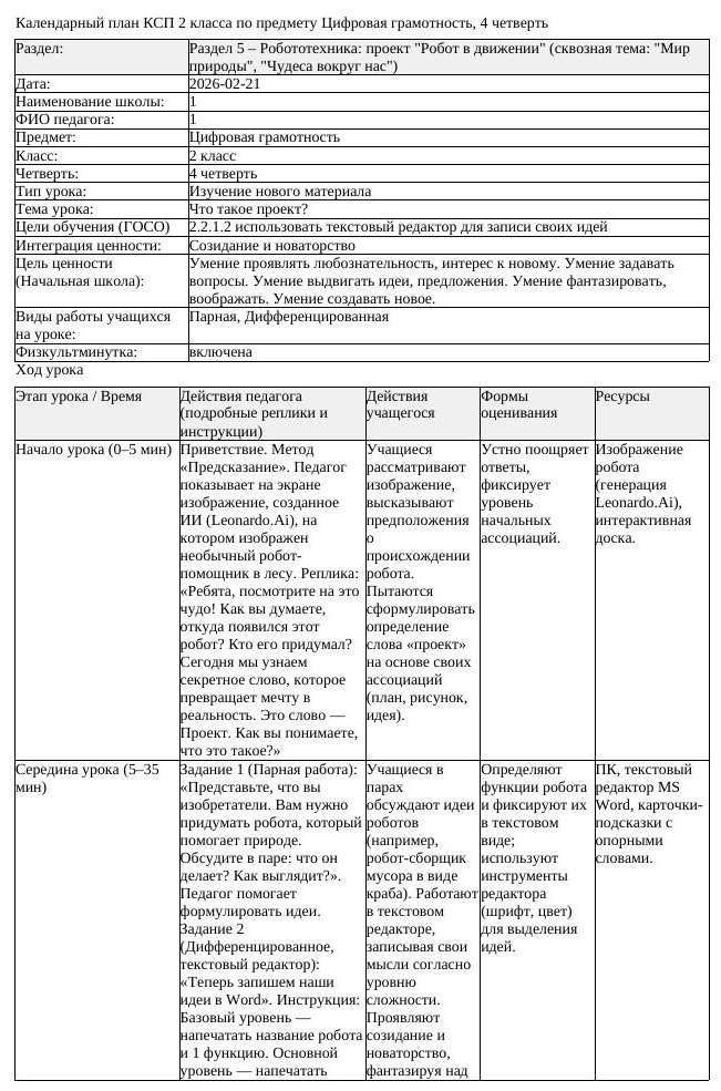 КСП Цифровая грамотность 2 класс 4 четверть Что такое проект