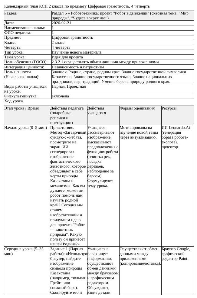 КСП Цифровая грамотность 2 класс 4 четверть Идея для проекта