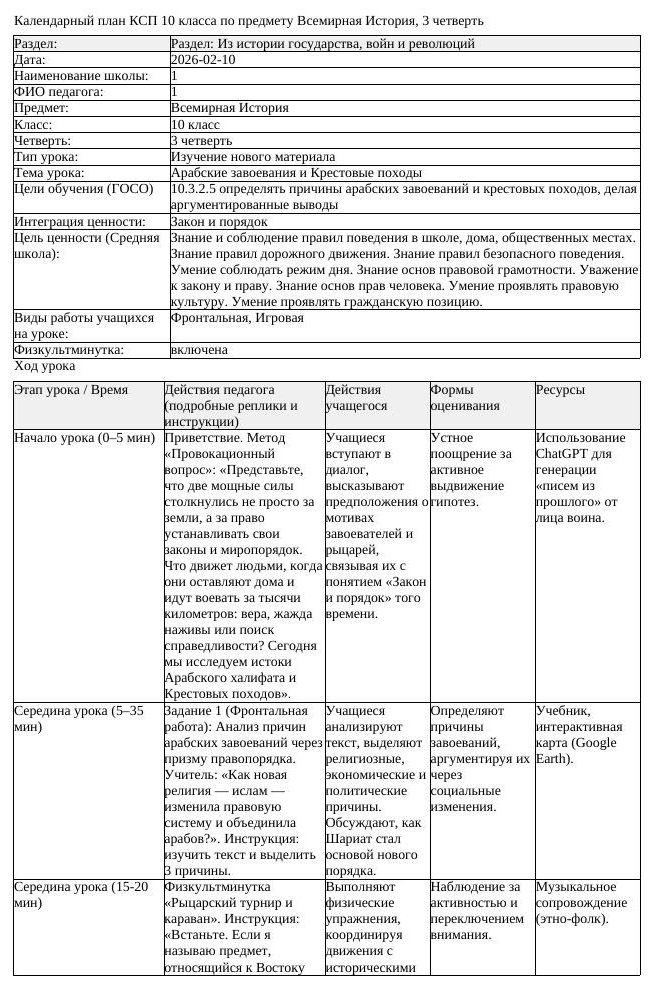 КСП Всемирная История 10 класс 3 четверть Арабские завоевания и Крестовые (урок 1)