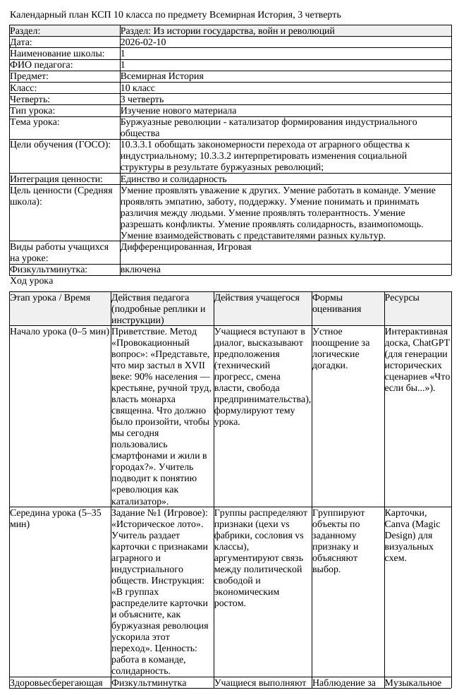 КСП Всемирная История 10 класс 3 четверть Буржуазные революции катализатор (урок 1)