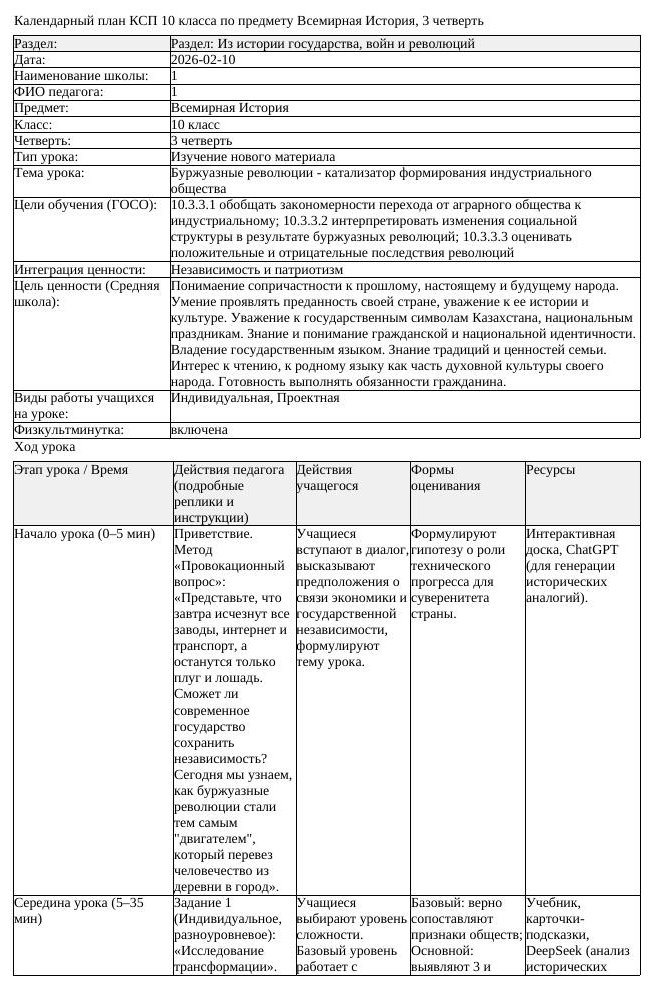 КСП Всемирная История 10 класс 3 четверть Буржуазные революции катализатор (урок 2)