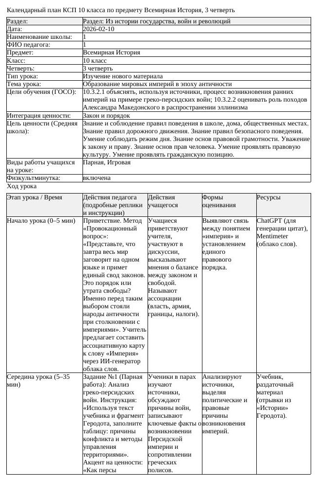 КСП Всемирная История 10 класс 3 четверть Образование мировых империй (урок 3)