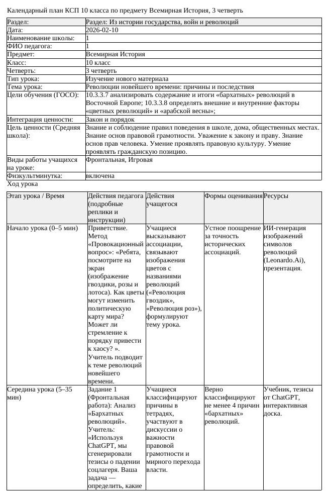 КСП Всемирная История 10 класс 3 четверть Революции новейшего времени (урок 3)