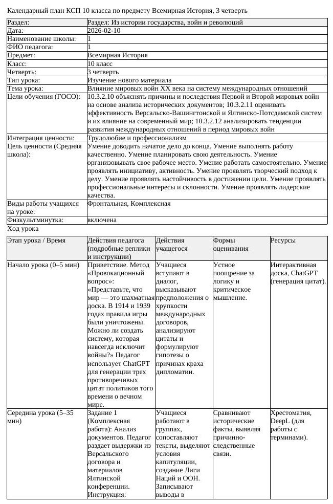 КСП Всемирная История 10 класс 3 четверть Влияние мировых войн ХХ (урок 3)