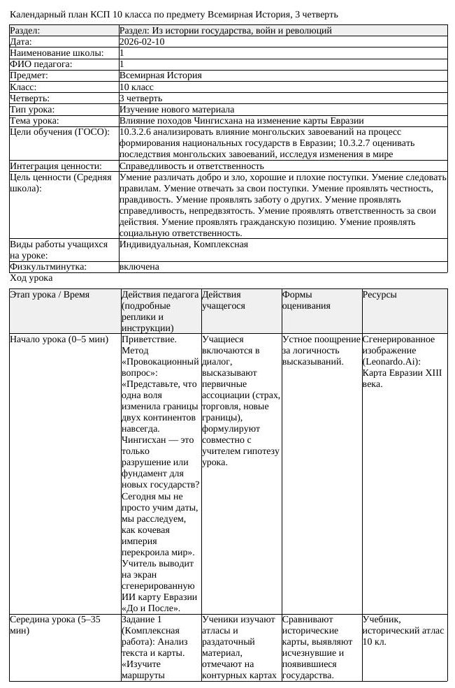 КСП Всемирная История 10 класс 3 четверть Влияние походов Чингисхана (урок 2)