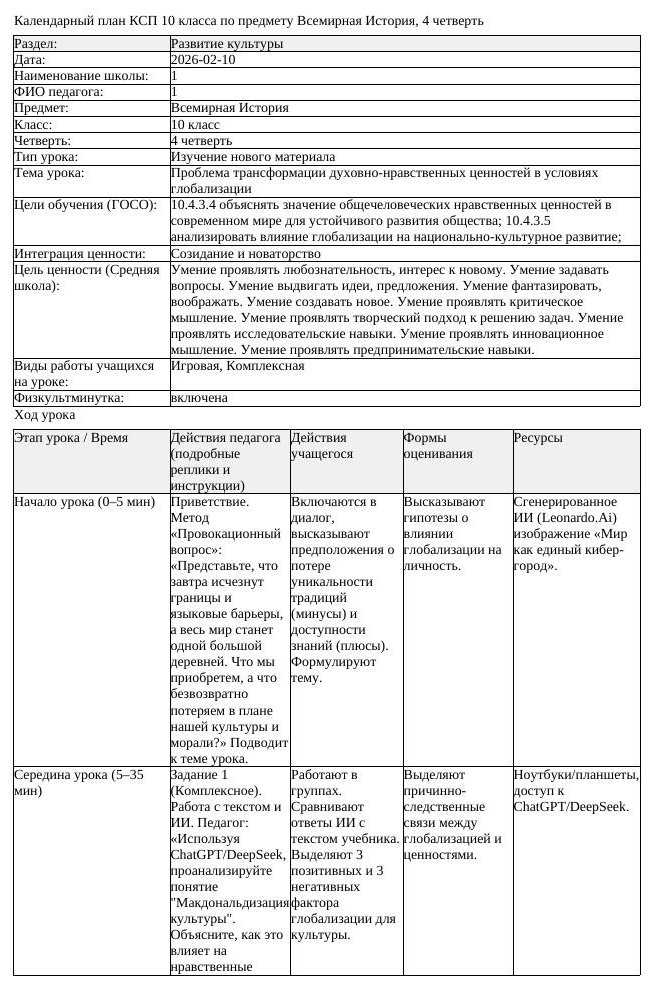 КСП Всемирная История 10 класс 4 четверть Проблема трансформации духовно (урок 1)