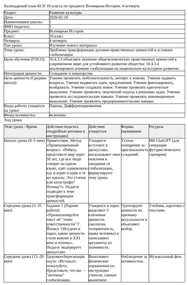 КСП Всемирная История 10 класс 4 четверть Проблема трансформации духовно (урок 2)