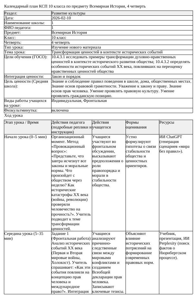 КСП Всемирная История 10 класс 4 четверть Трансформация ценностей (урок 4)