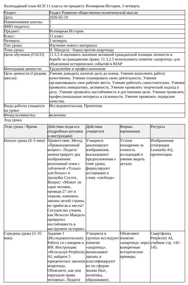 КСП Всемирная История 11 класс 3 четверть Н Мандела борец против апартеида (урок 1)