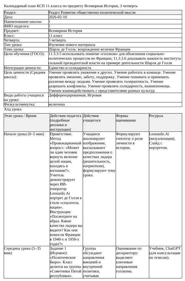 КСП Всемирная История 11 класс 3 четверть Шарль де Голль возрождение (урок 1)
