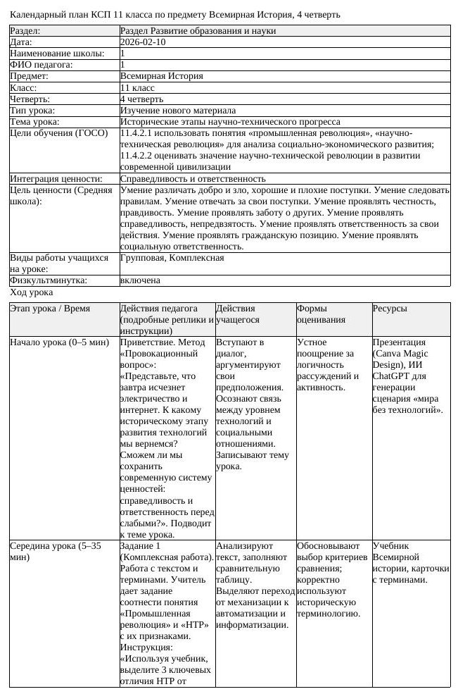 КСП Всемирная История 11 класс 4 четверть Исторические этапы научно (урок 1)
