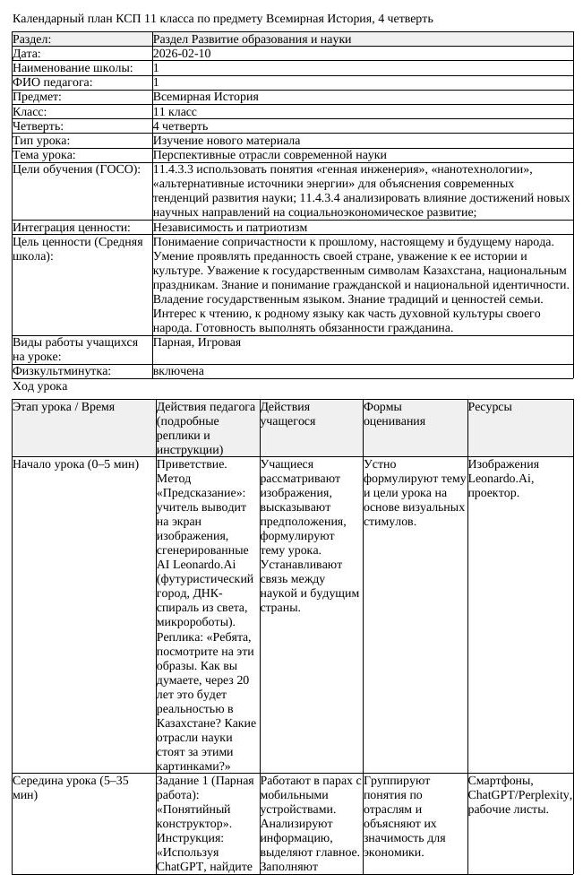 КСП Всемирная История 11 класс 4 четверть Перспективные отрасли современной (урок 4)