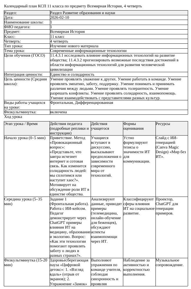 КСП Всемирная История 11 класс 4 четверть Современные информационные (урок 1)
