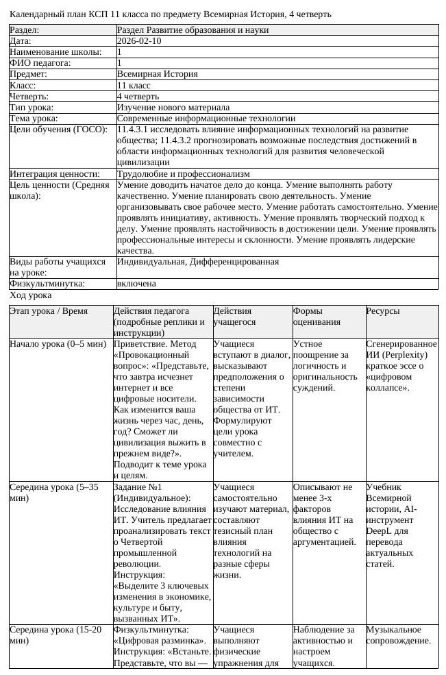 КСП Всемирная История 11 класс 4 четверть Современные информационные (урок 3)