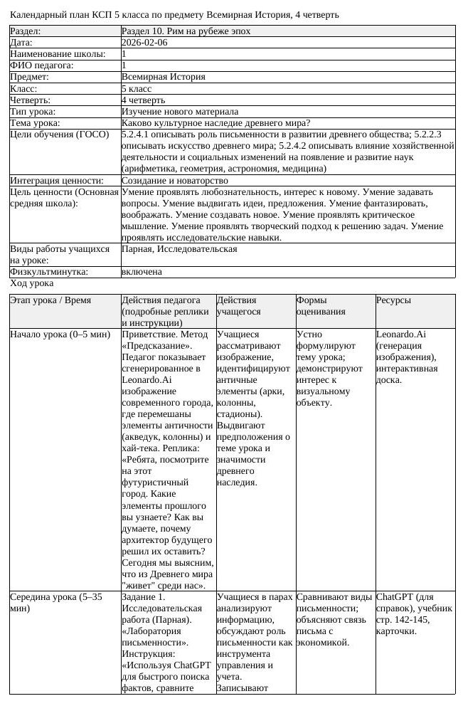 КСП Всемирная История 5 класс 4 четверть Каково культурное наследие