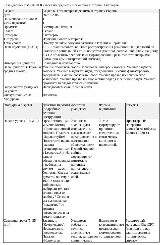 КСП Всемирная История 8 класс 3 четверть Почему фашизм получил развитие