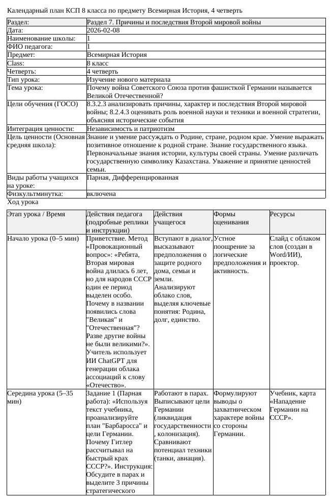 КСП Всемирная История 8 класс 4 четверть Почему война Советского Союза