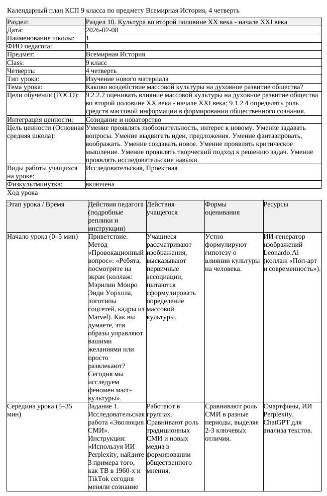 КСП Всемирная История 9 класс 4 четверть Каково воздействие массовой