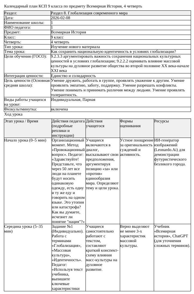 КСП Всемирная История 9 класс 4 четверть Как сохранить национальную