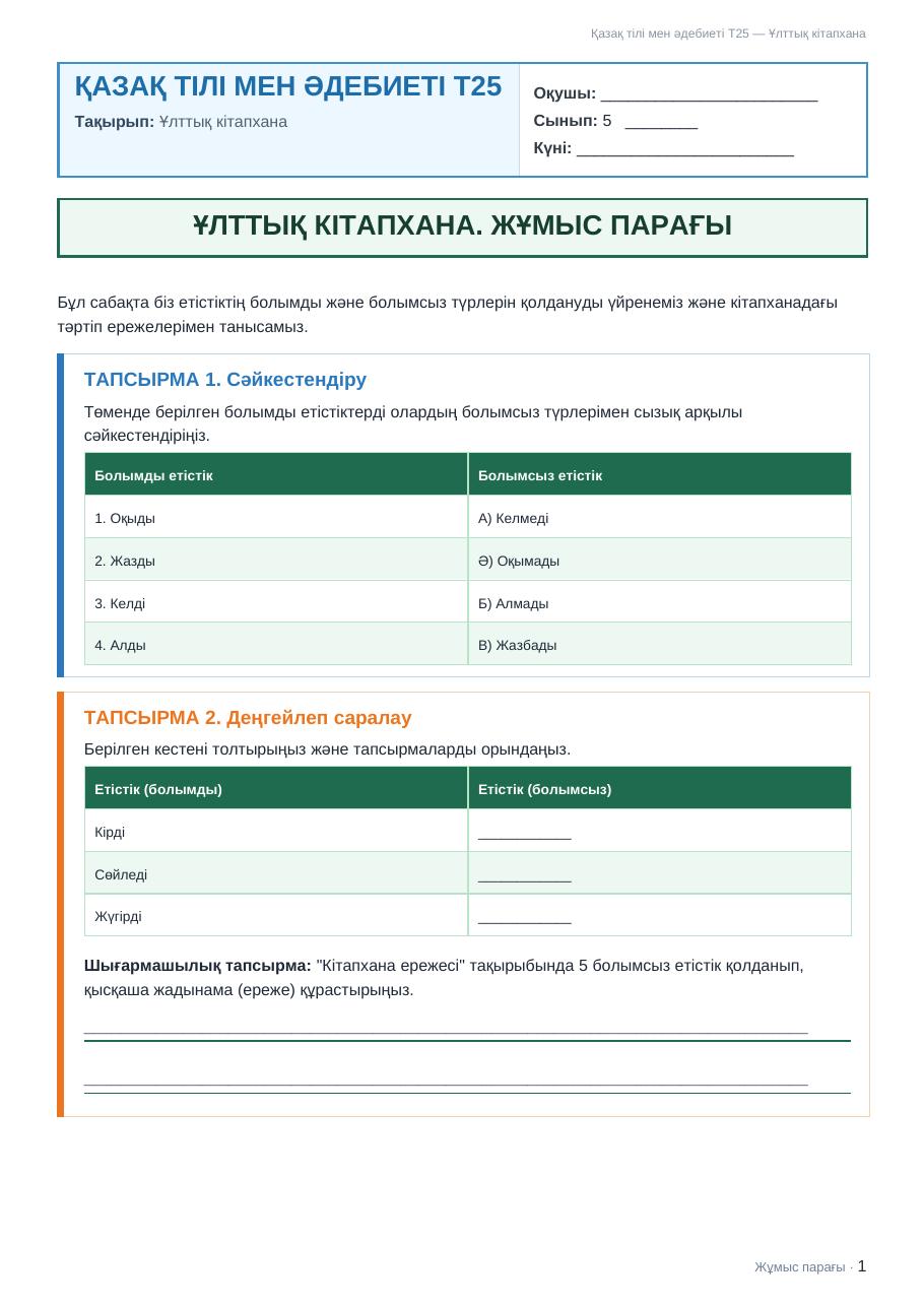 Жұмыс парағы Қазақ тілі мен әдебиеті Т2 5-сынып 2-тоқсан Ұлттық кітапхана (1-сабақ)